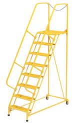 The Vestil Maintenance Ladder Grip-Strut 8-Step Yellow is an industrial safety ladder with eight Grip-Strut steps, side handrails, a top platform, base wheels for mobility, and a secure entrance chain, ensuring stability and optimal safety.