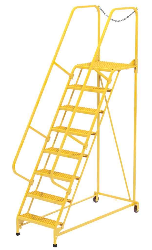 The Vestil Maintenance Ladder Grip-Strut 8-Step Yellow is an industrial safety ladder with eight Grip-Strut steps, side handrails, a top platform, base wheels for mobility, and a secure entrance chain, ensuring stability and optimal safety.