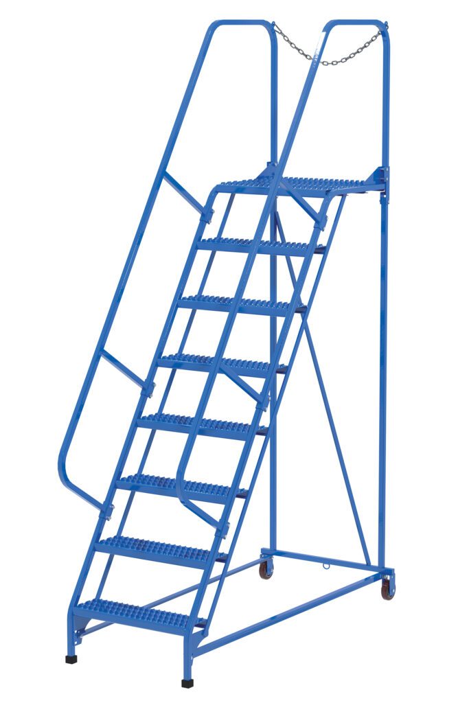 LAD-MM-8-G_A.jpg The blue metal Vestil Maintenance Ladder 8 Step Grip Strut features handrails, a safety chain at the top, and wheels for easy mobility, ensuring stability and security with seven steps.