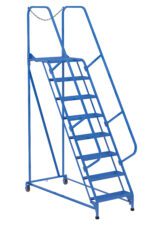 The Vestil Maintenance Ladder 8 Step Perforated features a blue design, safety handrails on both sides, a chain at the top, wheels for mobility, and a sturdy support structure for reliability.