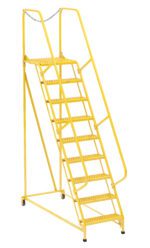 The Vestil Maintenance Ladder Grip-Strut 9-Step Yellow is a sturdy rolling ladder with handrails, small wheels, and a top chain for safety, making it ideal for industrial or warehouse use.