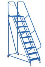 The Vestil Maintenance Ladder 9 Step Grip Strut boasts a blue design, sturdy handrails, a small top platform, wheels for mobility, and a safety chain at the top. Its 9-step structure ensures secure access with its reliable grip strut surface.