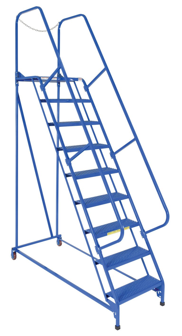 The Vestil Maintenance Ladder 9 Step Perforated boasts a robust design with nine perforated steps, side handrails, and a safety chain. Its sturdy build and four-wheel base ensure mobility, making it ideal for warehouse or industrial settings.