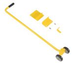 The yellow Vestil Ladder Transporter MM is a hand truck with two wheels, a long handle with black grip, and extra metal attachments like flat plates and angled brackets. All components are secured with screws for improved functionality.