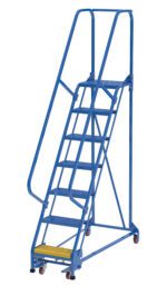 The Vestil PW Ladder Perf 16.8125 In 7 Step, featuring seven steps and a top platform, offers safety rails on both sides. Its blue design includes four wheels for easy mobility and stable access to high areas, with 16.8125-inch perf spacing ensuring reliable ascent.