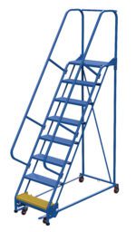 The Vestil Pw Ladder, similar to the Perf 8-step model but more compact, is a blue metal rolling ladder with seven steps and handrails on both sides. It features a contrasting yellow bottom step for enhanced visibility and is mounted on wheels for easy mobility.