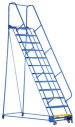 The Vestil PW Ladder Grip 30.25 In 12 Step is a blue rolling ladder ideal for industrial or warehouse use, featuring handrails and four wheels for mobility to access high shelves safely and effortlessly.