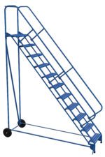 The Vestil Roll-A-Fold Lad 50 Deg Grip Strut 11 Stp is a blue rolling metal stairway with safety railings and wheels for easy mobility and stability, perfect for industrial or warehouse use. Its 50-degree Grip Strut provides secure access to higher shelves or areas.