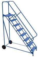 The Vestil Roll-A-Fold Lad 50 Deg Perforated 8 Step ladder ensures a secure climb with its blue metal frame, eight steps, and top platform. It has two back wheels for mobility and safety rails on both sides for added security.