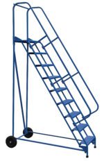 The Vestil Roll-A-Fold Lad 58 Deg Perforated 9 Step is a blue metal industrial ladder with handrails, features nine perforated steps, a 58-degree incline, and two large rear wheels for easy movement, making it ideal for warehouse or industrial use.