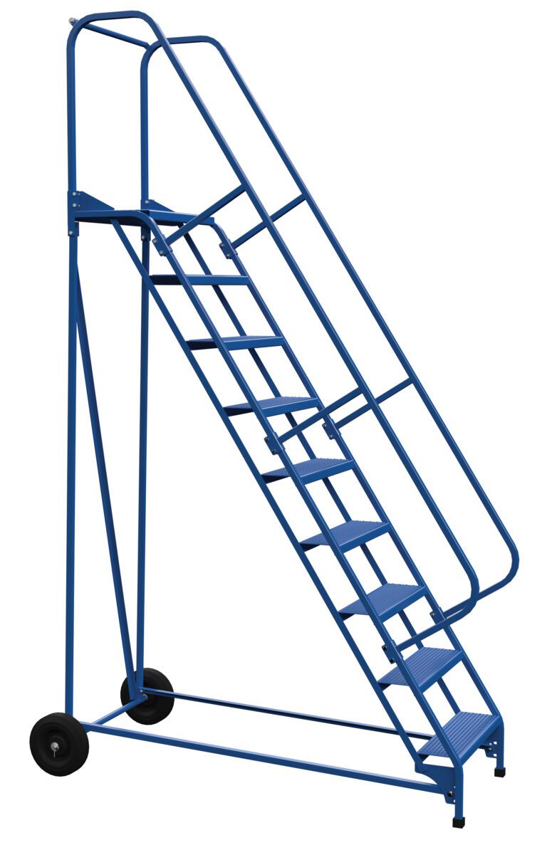 The Vestil Roll-A-Fold Lad 58 Deg Perforated 9 Step is a blue metal industrial ladder with handrails, features nine perforated steps, a 58-degree incline, and two large rear wheels for easy movement, making it ideal for warehouse or industrial use.