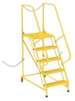 The Vestil Semi-Trailer Access Ladder is a sturdy, yellow, mobile step ladder with five 5-Grip steps, guardrails, and safety chains for industrial or warehouse use. It supports 350# and has wheels for easy mobility.