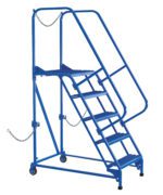 The blue metal Vestil Semi-Trailer Access Ladder (5-Step, 350#) is mobile with wheels, and includes handrails and safety chains. It offers a secure top platform for standing.