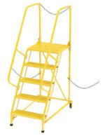 The Vestil Semi-Trailer Access Ladder, 5-Perf Step Yellow, 350#, is a metal safety ladder with five perforated steps, dual handrails, a top platform, small wheels for mobility, and security chains.