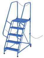 The Vestil Semi-Trailer Access Ladder, 5-Perf Step, 350#, is a blue mobile ladder with five perforated steps, safety handrails, and a safety chain; it includes wheels for easy movement and has a secure top platform.