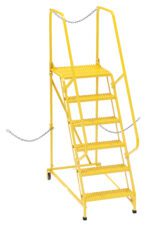 The Vestil Semi-Trailer Access Ladder, 6-Grip Step Yellow, 350#, features five grated steps, dual handrails, securing chains for safety, and wheels for mobility, making it ideal for various tasks.