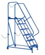 The Vestil Semi-Trailer Access Ladder, 6-Step (350#), features a blue mobile stairway with handrails, safety chains, and wheels. Ideal for industrial use, its sturdy metal frame ensures stability and safety for elevated access with a slight incline.