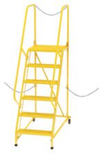 The Vestil Semi-Trailer Access Ladder, in 6-Perf Step Yellow, features 5 steps, safety handrails with chains for security, a top platform, a robust 350# capacity, and caster wheels for easy mobility.
