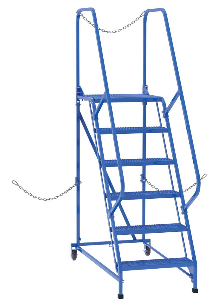 LAD-STAL-6-P_A.jpg The Vestil Semi-Trailer Access Ladder, 6-Perf Step, 350#, is a blue metal rolling ladder with five steps, handrails, and safety chains on each side; it has two wheels for mobility and stable front legs, making it ideal for safely reaching high shelves or storage areas.