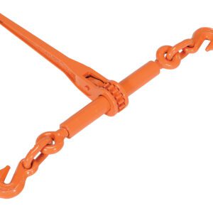 The Vestil Lockable Load Ratchet Binder is an orange load binder with a lever handle and hooks at both ends, ideal for securely tightening cargo chains to stabilize loads during transport.