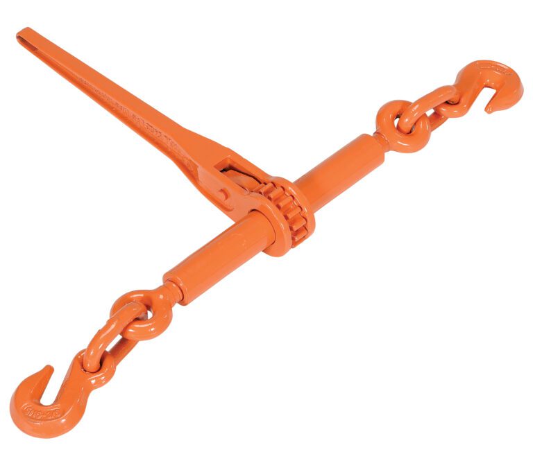 The Vestil Lockable Load Ratchet Binder is an orange load binder with a lever handle and hooks at both ends, ideal for securely tightening cargo chains to stabilize loads during transport.