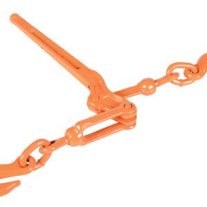 The Vestil Lockable Load Lever Binder is an orange ratchet tool with a lever and dual hooks, ideal for efficiently securing cargo.