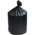 A tightly knotted black plastic garbage bag, similar to the MH-USA 24 x 32 - Black Can Liners (500/Case), stands upright against a pristine white background.