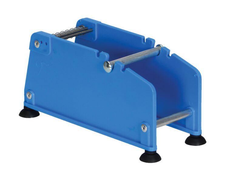 A blue foot rocker made of plastic and metal, featuring suction cup feet for gentle stretching, offers precision similar to the Vestil Label Dispenser Plastic 2 In.