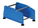 A blue metal stand with two horizontal bars and rubber feet features a simple, open-sided design, ideal for holding or displaying items like the Vestil Label Dispenser Plastic 4 In for organization.