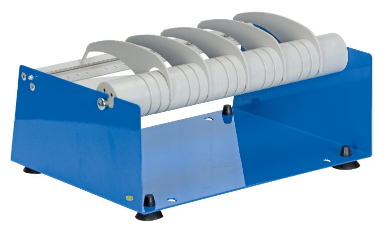 The blue napkin dispenser, similar to the Vestil Label Dispenser Steel 12.5 In, has sections for white napkin rolls and a sturdy metal base for stability. Its compact design makes it perfect for table use and organized dispensing.