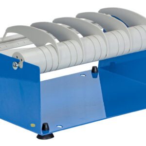The blue napkin dispenser, similar to the Vestil Label Dispenser Steel 12.5 In, has sections for white napkin rolls and a sturdy metal base for stability. Its compact design makes it perfect for table use and organized dispensing.