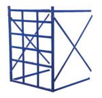 The Vestil Optional Long Bar Rack Extension 7.7K is a blue metal storage rack featuring a grid framework and cross-bracing, ideal for securely organizing or holding items.