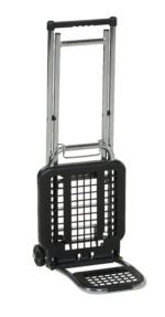 The Vestil Multi-Function Cart/Chair 225 lb Cap is a versatile folding hand truck in black and silver, featuring a metal frame, mesh platform, extendable handle for easy maneuverability, and compact design for convenient storage.