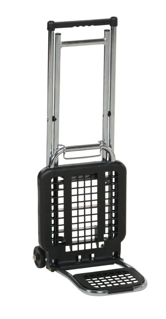 LC-803_A.jpg The Vestil Multi-Function Cart/Chair 225 lb Cap is a versatile folding hand truck in black and silver, featuring a metal frame, mesh platform, extendable handle for easy maneuverability, and compact design for convenient storage.