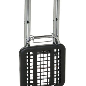 The Vestil Multi-Function Cart/Chair 225 lb Cap is a versatile folding hand truck in black and silver, featuring a metal frame, mesh platform, extendable handle for easy maneuverability, and compact design for convenient storage.