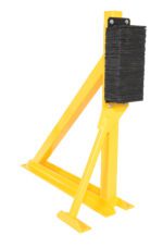 The Vestil Loading Dock Guard in bright yellow features a sturdy triangular design with stacked black pads attached by screws. It includes a flat base with bolt holes for easy mounting.