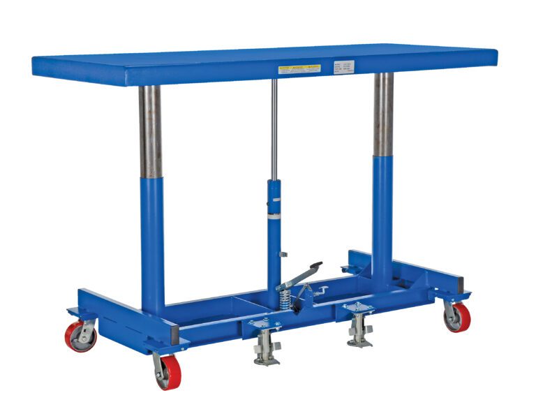 The Vestil Ergonomic Long Deck Cart 2K 60 X 30 features a blue hydraulic lift table with a flat surface, four red caster wheels, chrome-finished adjustable supports, and a foot pedal for smooth operation. Designed for industrial use, it includes metal clamps at the base for stability.