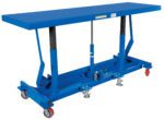 The Vestil Ergonomic Long Deck Cart 2K 96 X 30 is an excellent equipment featuring a blue hydraulic lift table with a sturdy flat top and metal frame, enhanced by two red swivel casters and two gray locking casters for excellent mobility and stability.