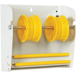 A yellow spool holder with two large spools on a white bracket looks like the MH-USA 8 1/2 - Wall Mount Label Dispenser, while two yellow rods and a metal wire rack ensure organized storage and easy dispensing.