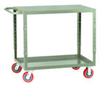 The Little Giant Adjustable Height Welded Service Cart is a gray metal utility cart with two shelves, a handle, and four red caster wheels for mobility, ideal for transporting items in industrial or commercial settings.