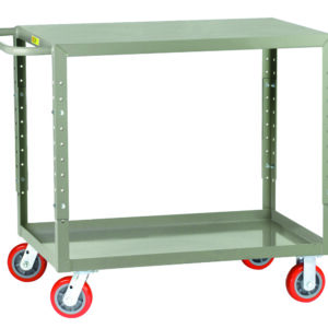 The Little Giant Adjustable Height Welded Service Cart is a gray metal utility cart with two shelves, a handle, and four red caster wheels for mobility, ideal for transporting items in industrial or commercial settings.