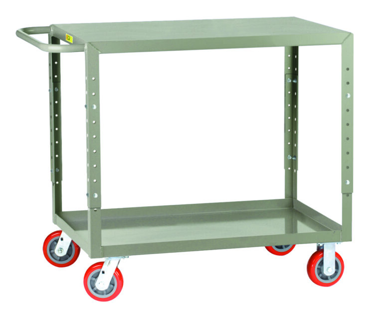 The Little Giant Adjustable Height Welded Service Cart is a gray metal utility cart with two shelves, a handle, and four red caster wheels for mobility, ideal for transporting items in industrial or commercial settings.