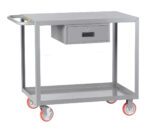 The gray metal Little Giant Welded Service Cart w/Drawer stands out with its red wheels, handy handle, secure lockable drawer beneath the top surface, and an additional lower shelf for storage.