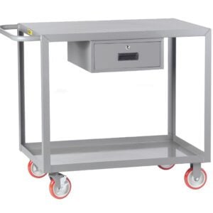 The gray metal Little Giant Welded Service Cart w/Drawer stands out with its red wheels, handy handle, secure lockable drawer beneath the top surface, and an additional lower shelf for storage.