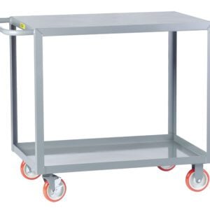 The Little Giant Welded Service Cart is a metal utility cart with a flat top and bottom shelf, sturdy gray side frames, and four red and gray swivel wheels. It features a handle for easy maneuverability.