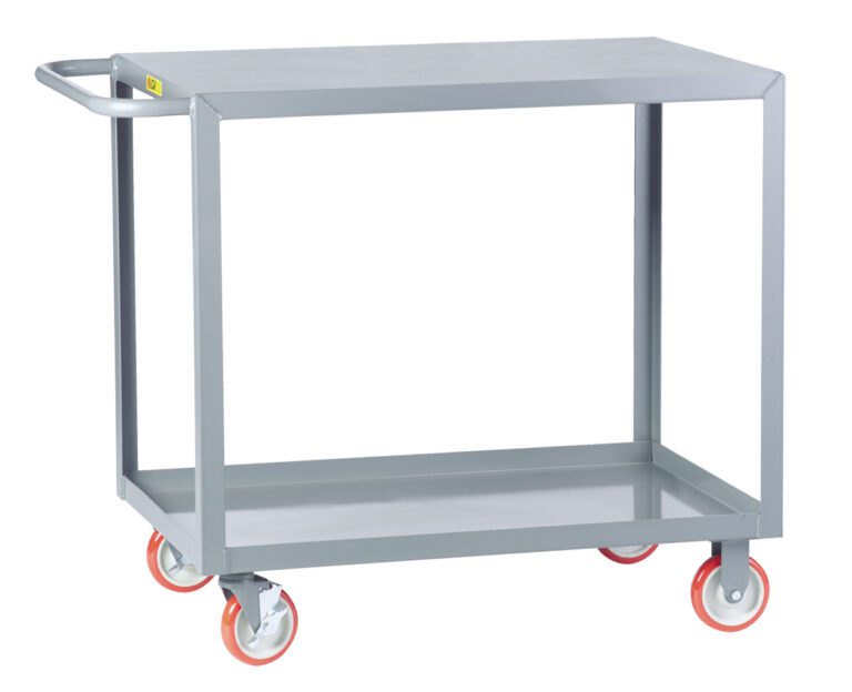 The Little Giant Welded Service Cart is a metal utility cart with a flat top and bottom shelf, sturdy gray side frames, and four red and gray swivel wheels. It features a handle for easy maneuverability.
