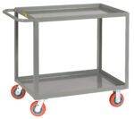 The Little Giant Welded Service Cart - 2000 lbs. Capacity features a robust gray metal design, two shelves, and a side handle. With four red caster wheels, it combines durability and mobility for heavy-duty tasks.