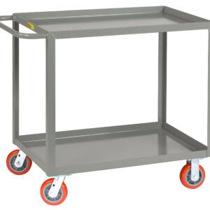 The Little Giant Welded Service Cart - 2000 lbs. Capacity features a robust gray metal design, two shelves, and a side handle. With four red caster wheels, it combines durability and mobility for heavy-duty tasks.