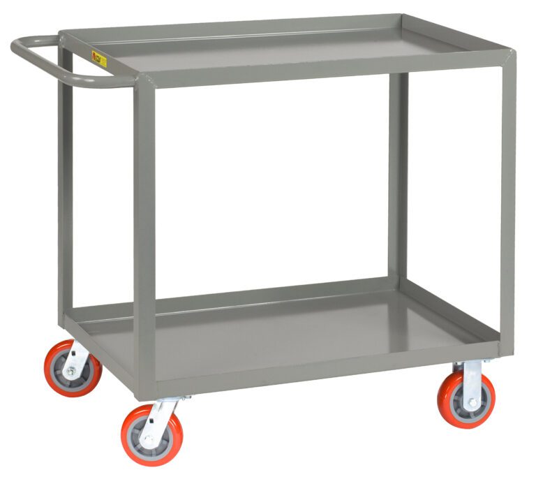 The Little Giant Welded Service Cart - 2000 lbs. Capacity features a robust gray metal design, two shelves, and a side handle. With four red caster wheels, it combines durability and mobility for heavy-duty tasks.