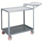 The sleek gray Little Giant Order Picking Truck has a rectangular frame on four wheels. It features an open top shelf for easy access, an enclosed bottom shelf, and an angled handle aligned with the top shelf for effortless maneuverability.